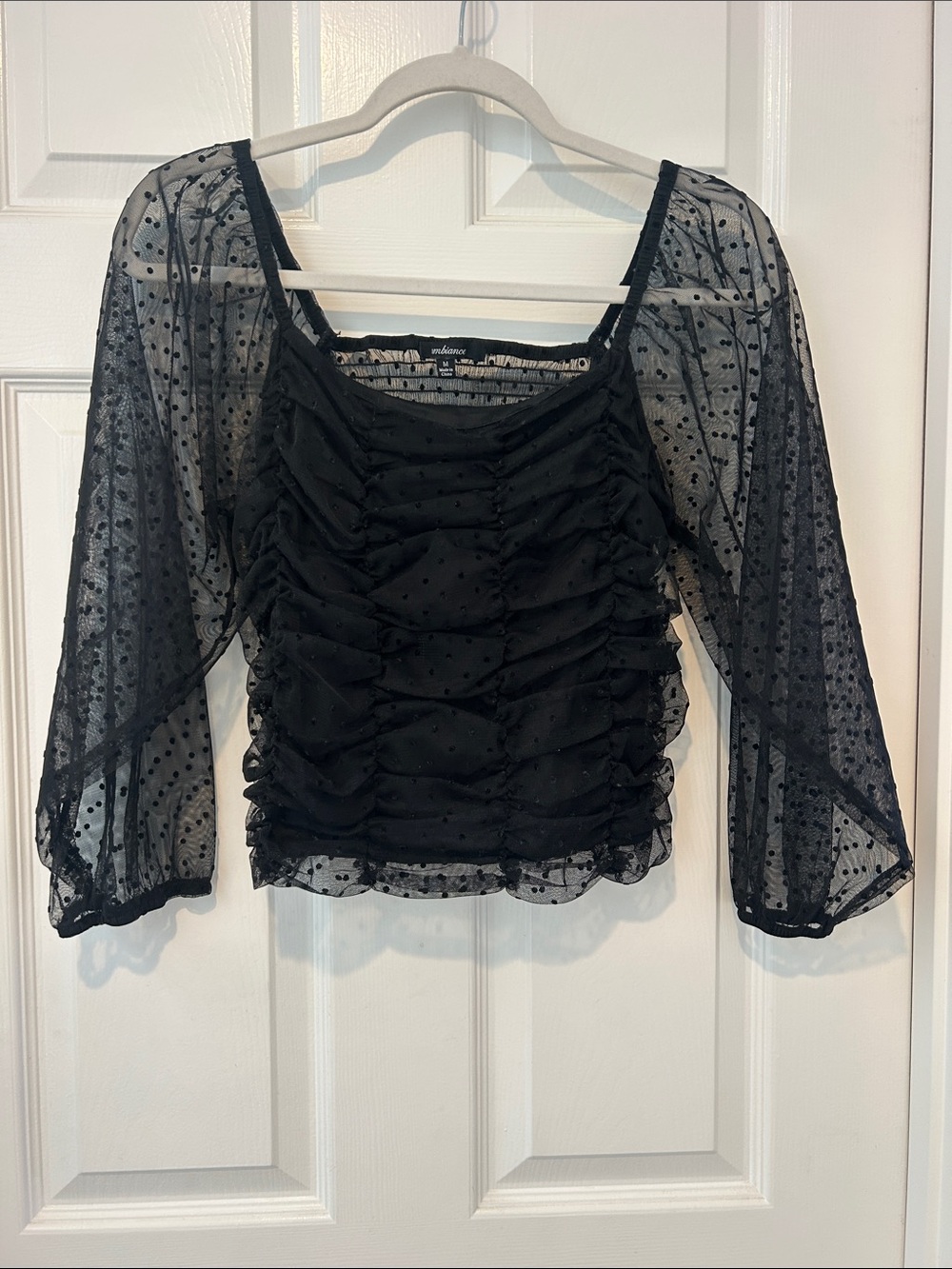 Fashion Nova Black Ruched Swiss Dot Mesh Blouse